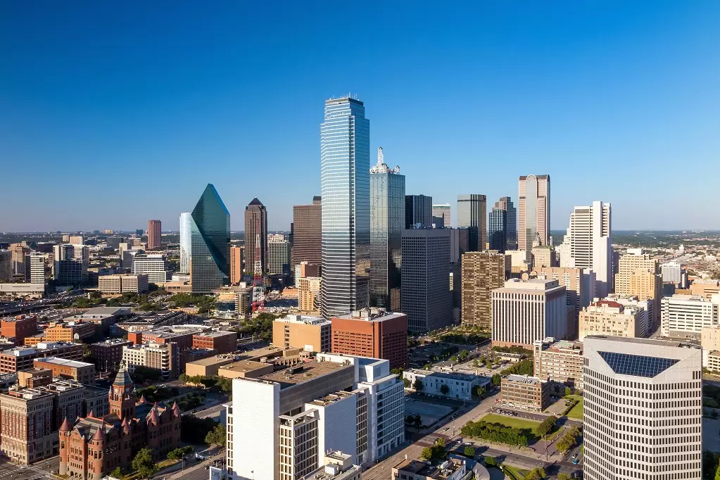 Dallas, Texas cityscape with blue sky at sunset